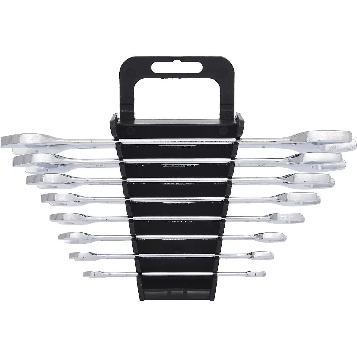 Ein Satz glänzender Schraubenschlüssel in einem schwarzen Halter.