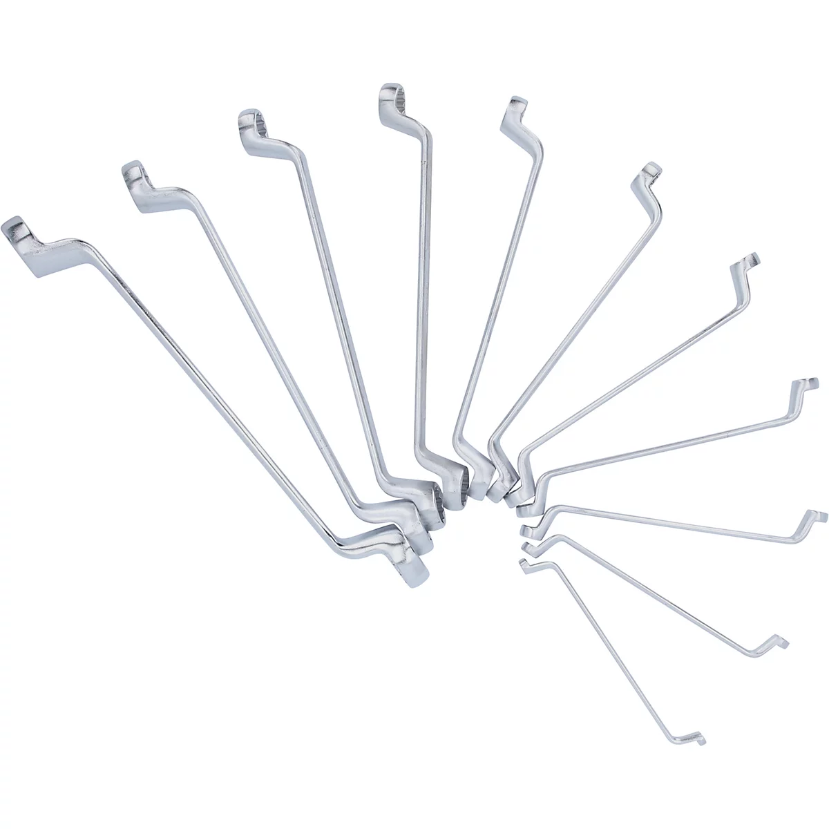 Eine Reihe von Winkelschlüsseln in verschiedenen Größen, auf weißem Hintergrund angeordnet.