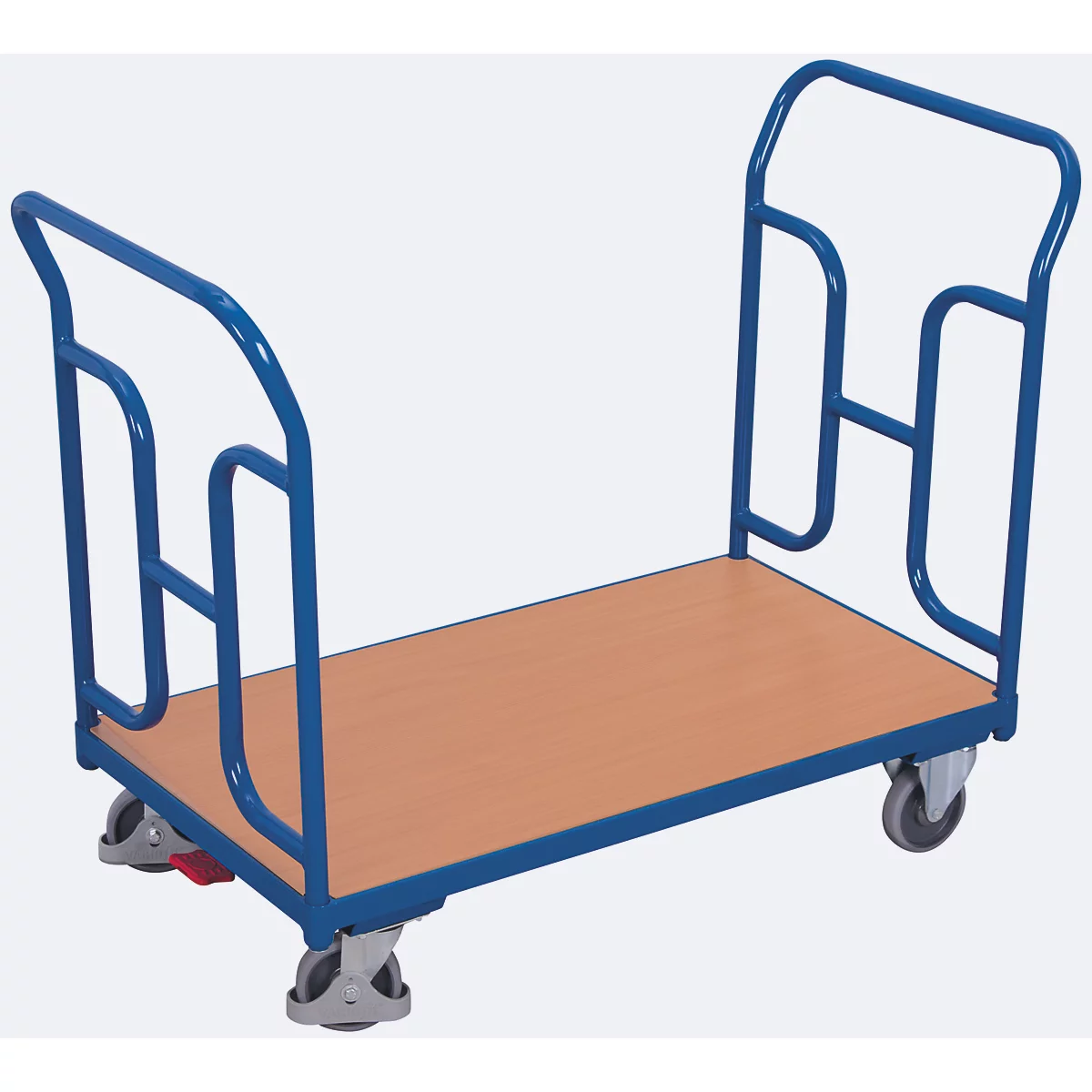 Doppel-Schiebebügelwagen, Stahl/MDF-Platte, Enzianblau/Buche-Dekor, L 850 x B 500 mm, mit gebogenen Rohren, TPE-Rollen mit EasySTOP, bis 250 kg