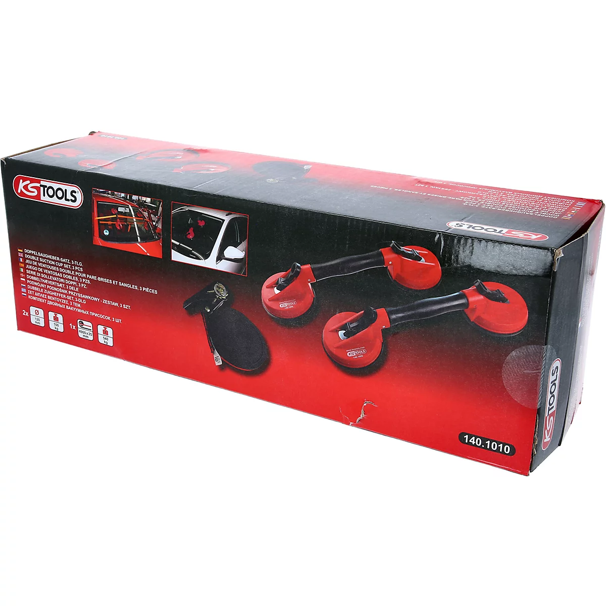 Box mit KS Tools Logo, Saugnäpfen, und einem schwarzen Transportbeutel.