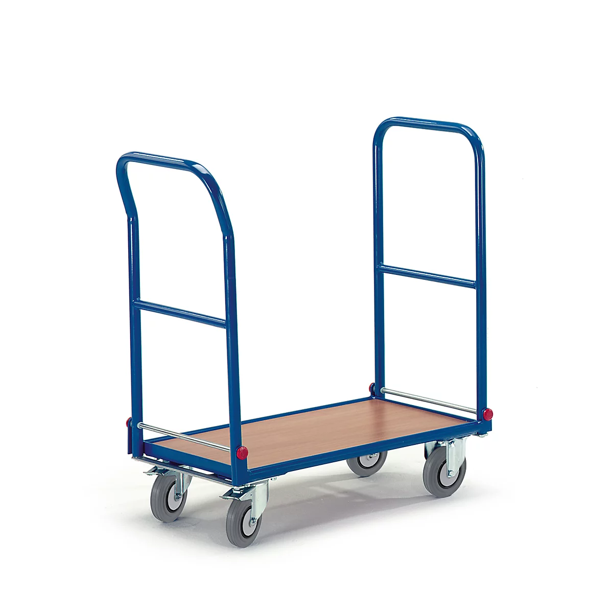 Blau lackierter Transportwagen mit brauner Ladefläche und vier grauen Rädern.