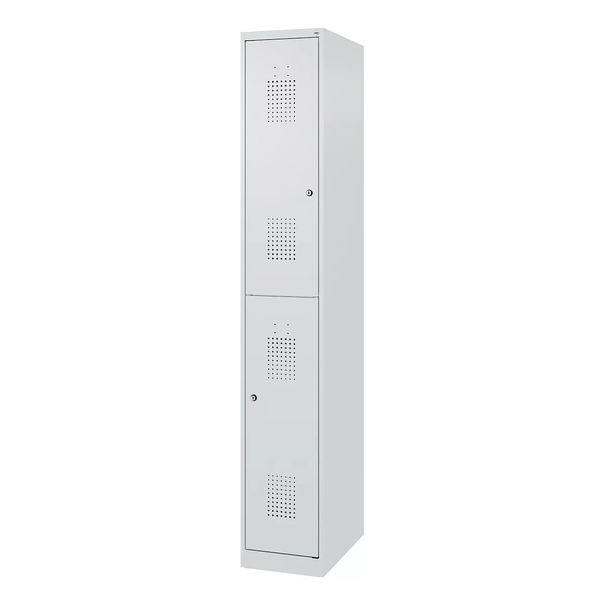 Doppelstöckiger Feuerwehrspind C+P Flexo White, 1 Abteil mit 2 Fächern, Bodengleiter, B 300 x T 500 x H 1850 mm, RAL 7035 Lichtgrau