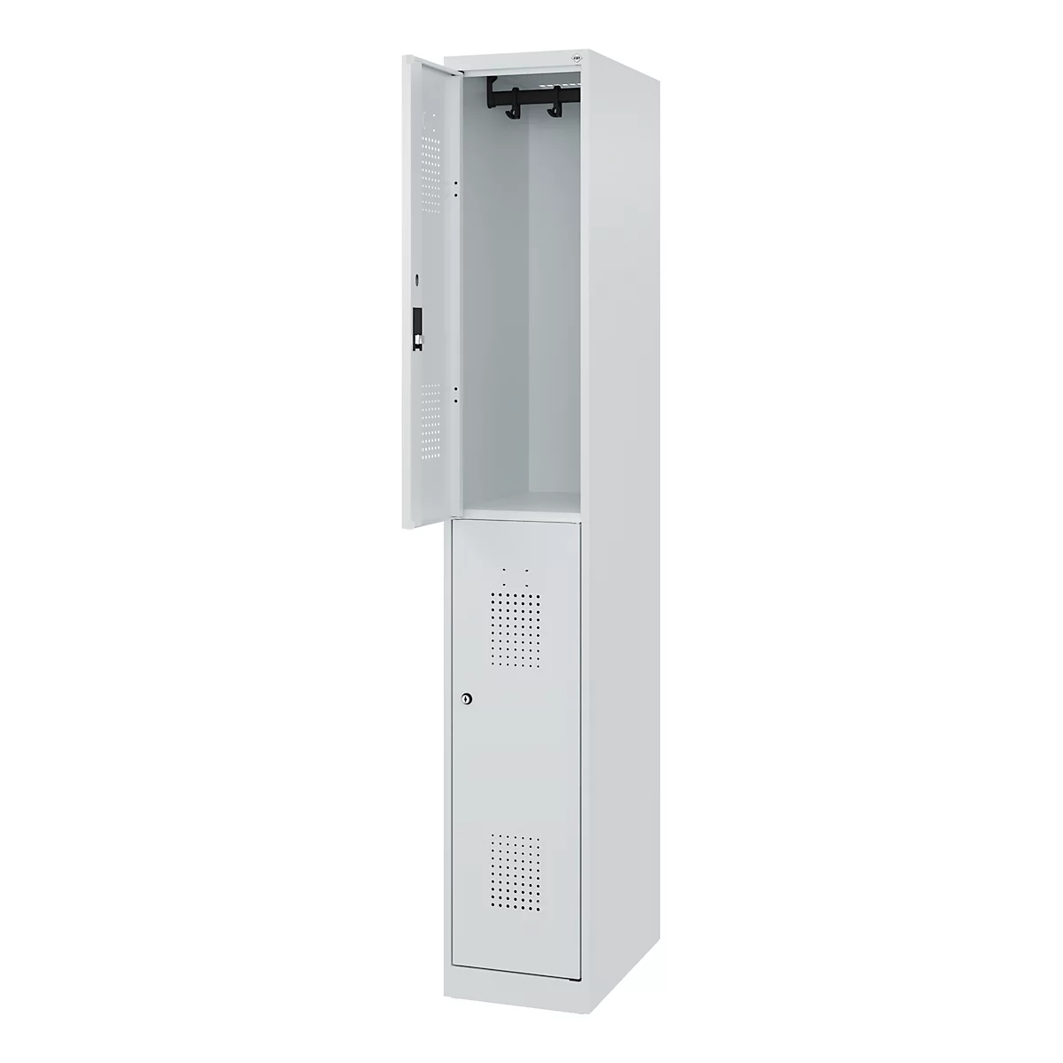 Doppelstöckiger Feuerwehrspind C+P Flexo White, 1 Abteil mit 2 Fächern, Bodengleiter, B 300 x T 500 x H 1850 mm, RAL 7035 Lichtgrau