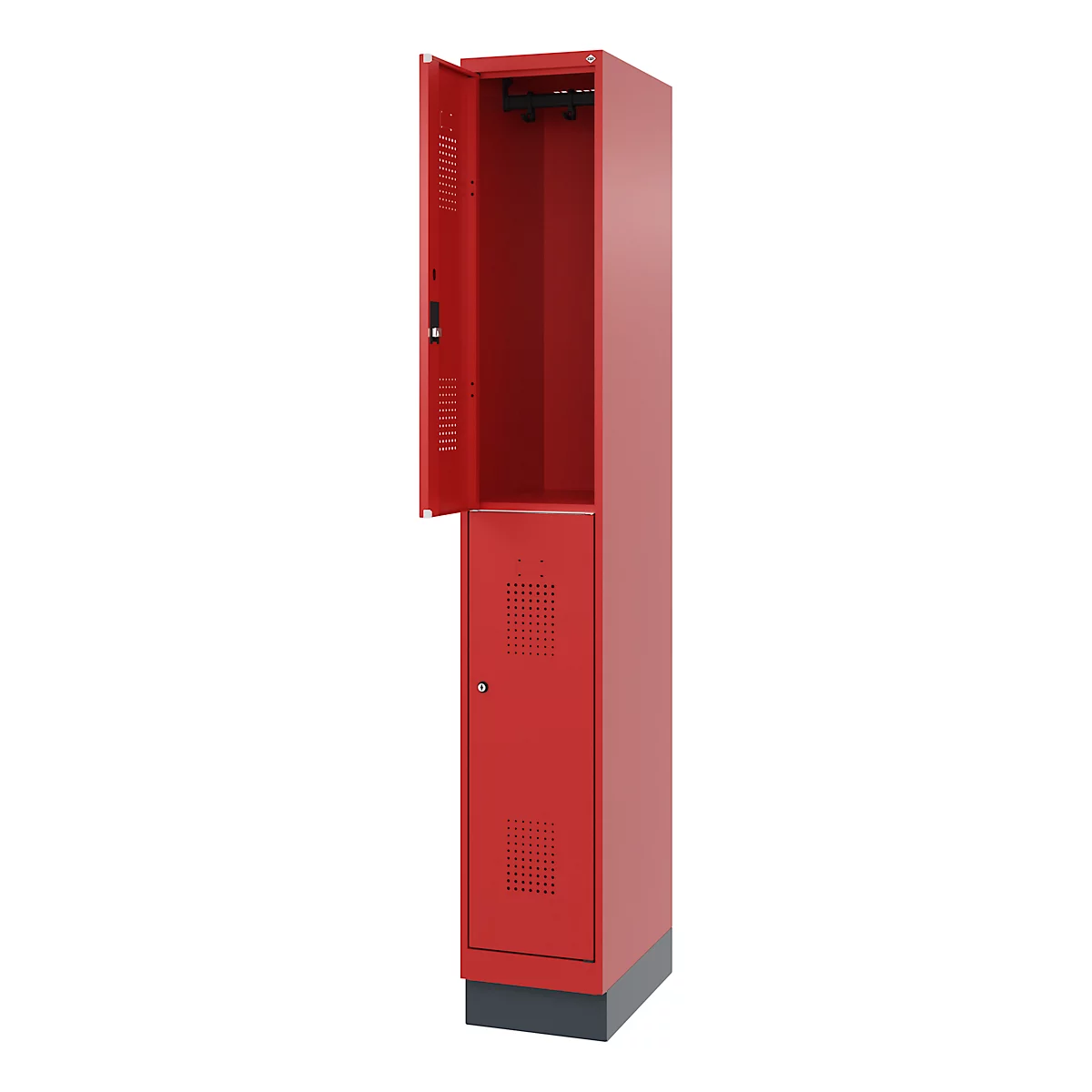 Doppelstöckiger Feuerwehrspind C+P Flexo White, 1 Abteil mit 2 Fächern, Sockel, B 300 x T 500 x H 1950 mm, RAL 3000 Feuerrot/RAL 7016 Anthrazitgrau