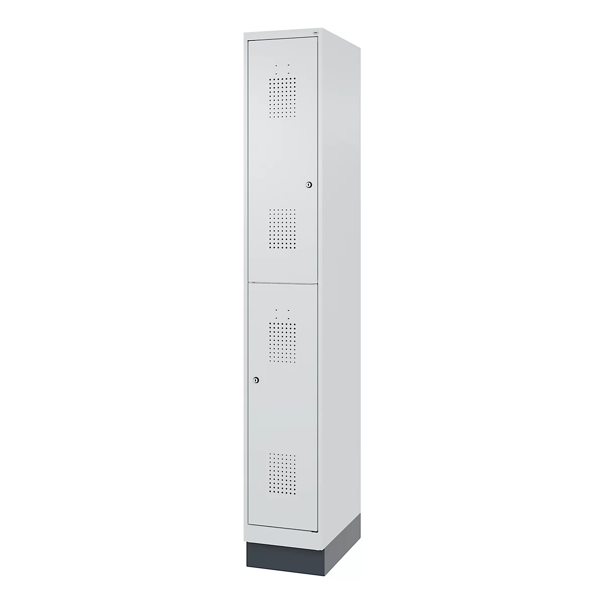Doppelstöckiger Feuerwehrspind C+P Flexo White, 1 Abteil mit 2 Fächern, Sockel, B 300 x T 500 x H 1950 mm, RAL 7035 Lichtgrau/RAL 7016 Anthrazitgrau
