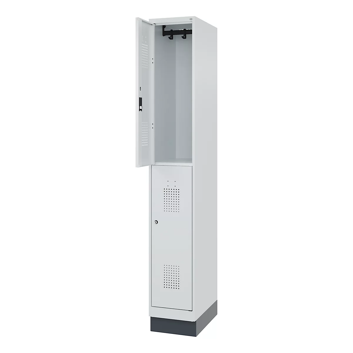 Doppelstöckiger Feuerwehrspind C+P Flexo White, 1 Abteil mit 2 Fächern, Sockel, B 300 x T 500 x H 1950 mm, RAL 7035 Lichtgrau/RAL 7016 Anthrazitgrau
