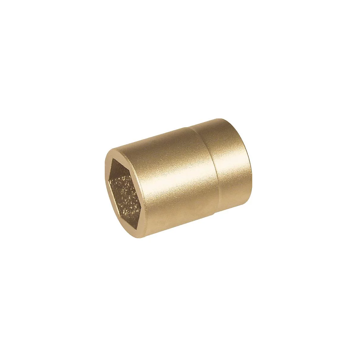Een cilindrisch metalen onderdeel met een gouden look. Aan één uiteinde een zeshoekig gat.