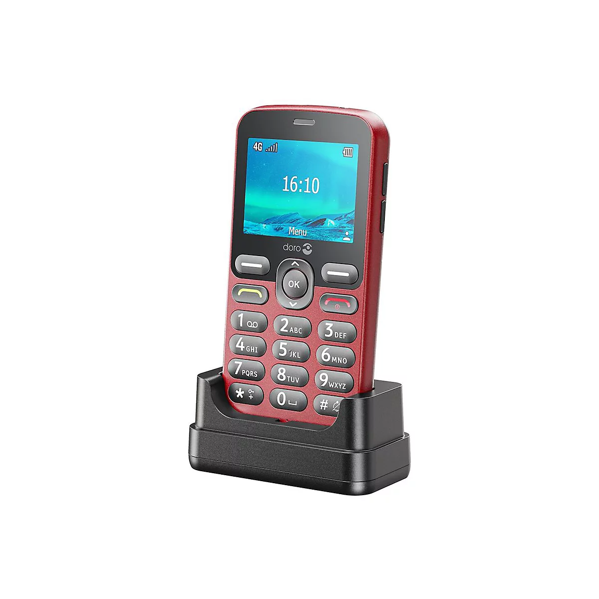 Rotes Mobiltelefon in Ladestation. Auf dem Display ist die Uhrzeit 16:10 zu sehen.