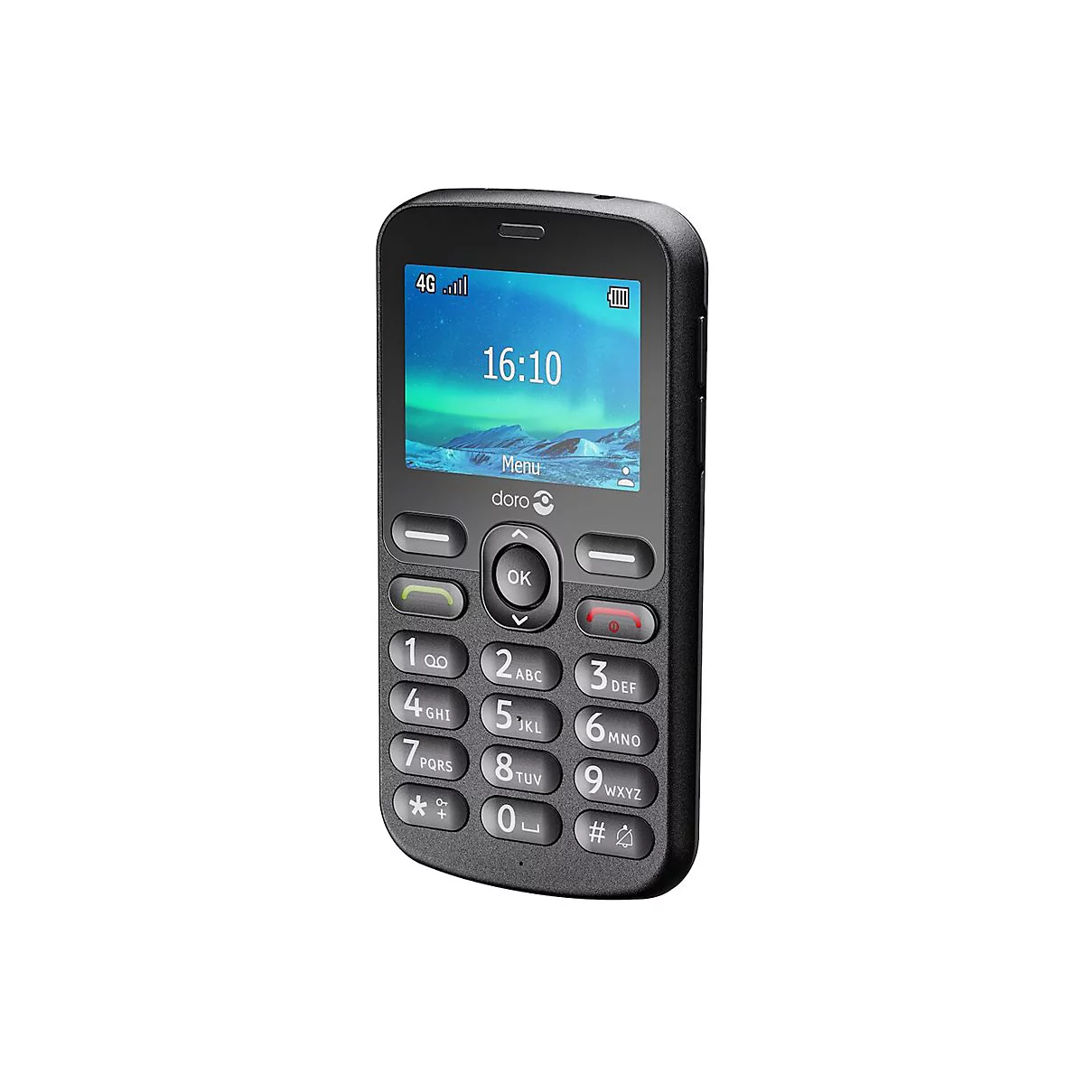 Schwarzes Doro-Handy mit Zifferntasten, Display mit Uhrzeit und Menü.