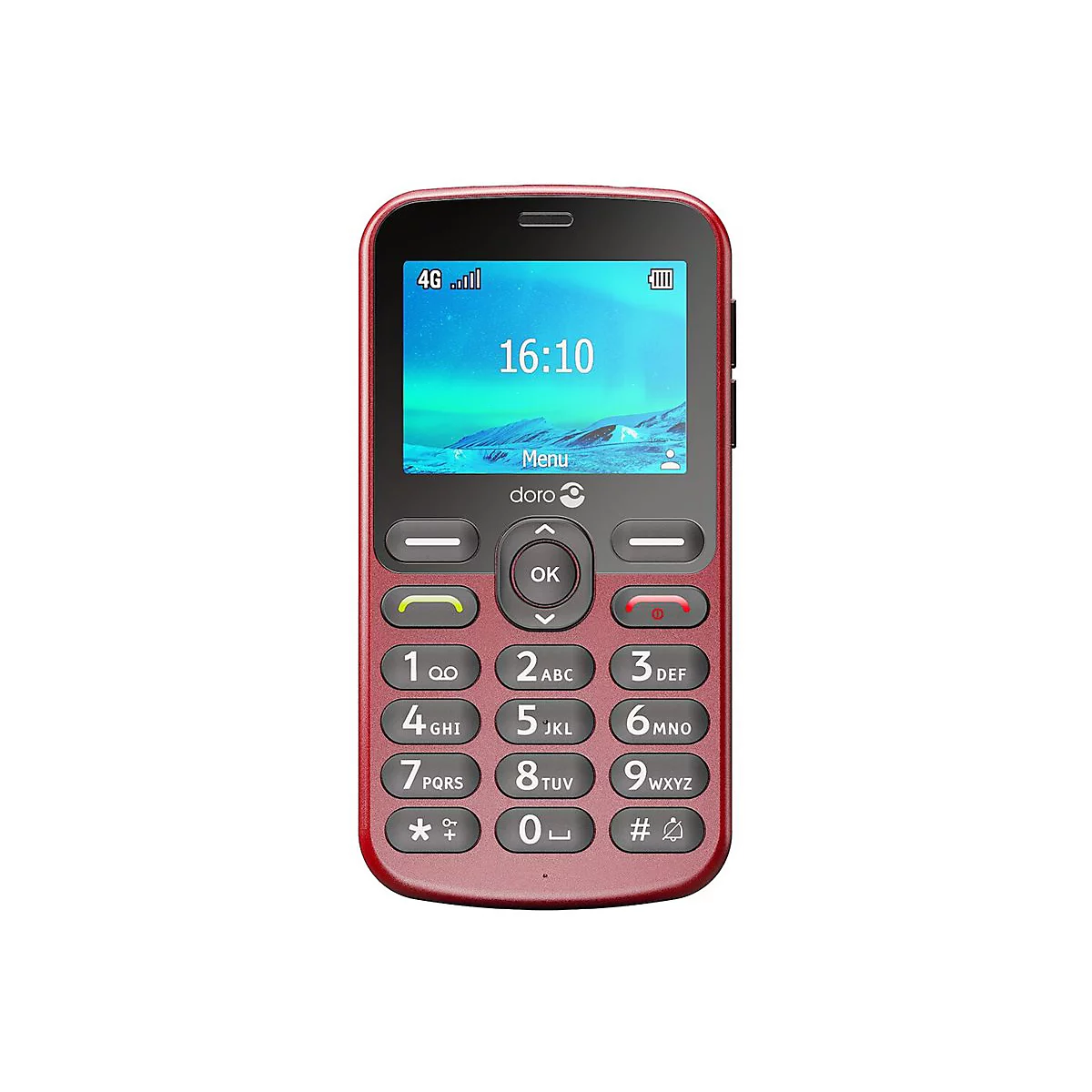 Ein rotes Mobiltelefon, zeigt Uhrzeit und Menüfunktionen. Tastenfeld mit Ziffern und Funktionssymbolen.