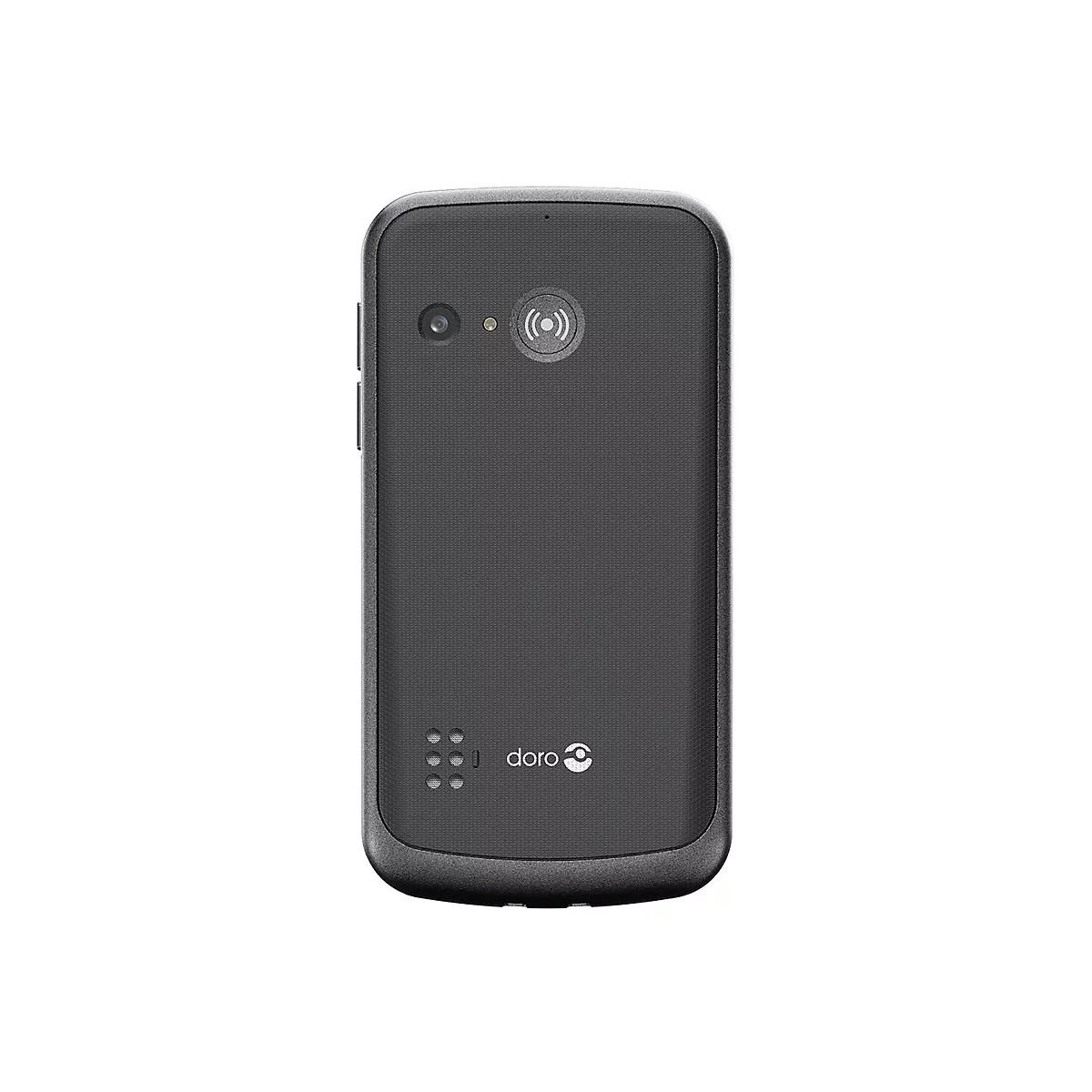 Dunkelgraues Doro-Mobiltelefon, Rückseite. Kamera, Lautsprecher, Logo.