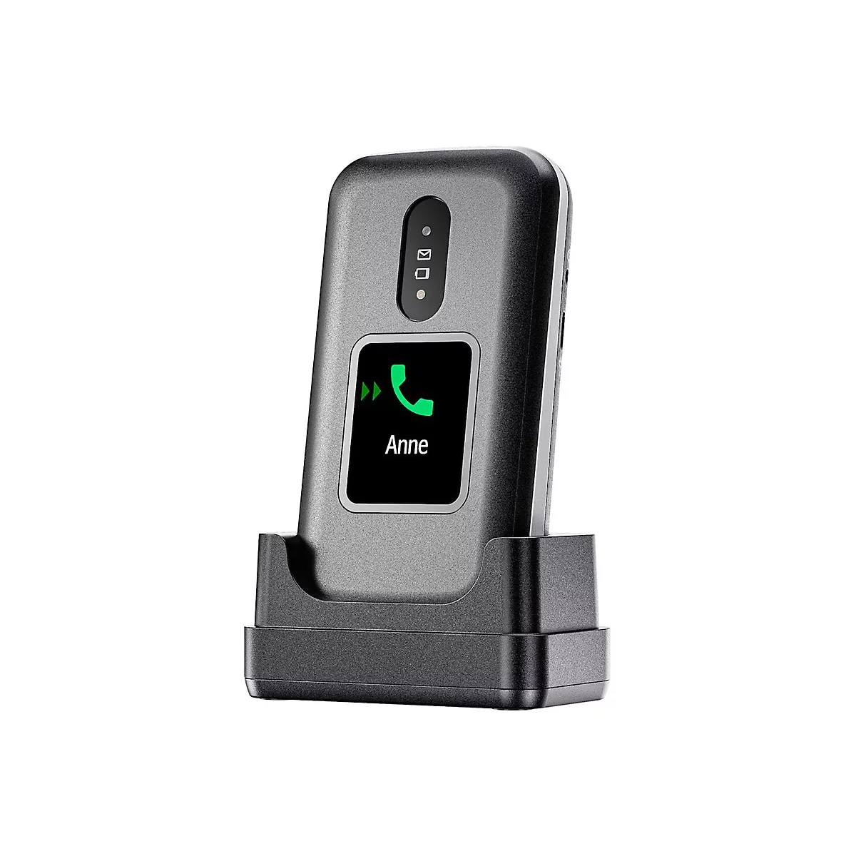Graues Telefon auf Ladestation. Auf dem Bildschirm: Grüner Telefonhörer, Text "Anne".