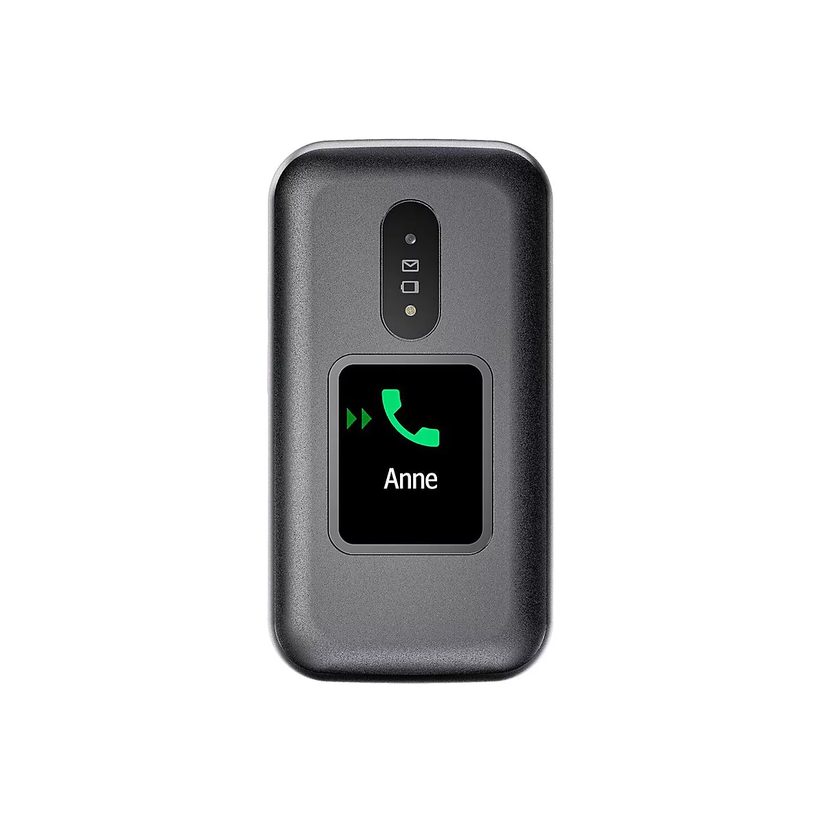 Graues Klapphandy mit Display. Auf dem Bildschirm ist ein grünes Telefonsymbol und der Name „Anne“ zu sehen.