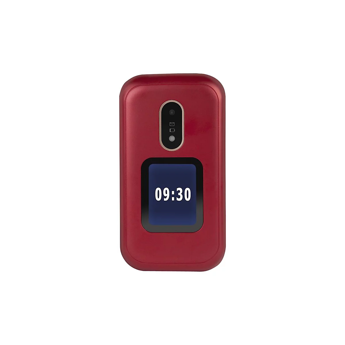Ein offenes rotes Klapphandy, auf dem Bildschirm steht 09:30.