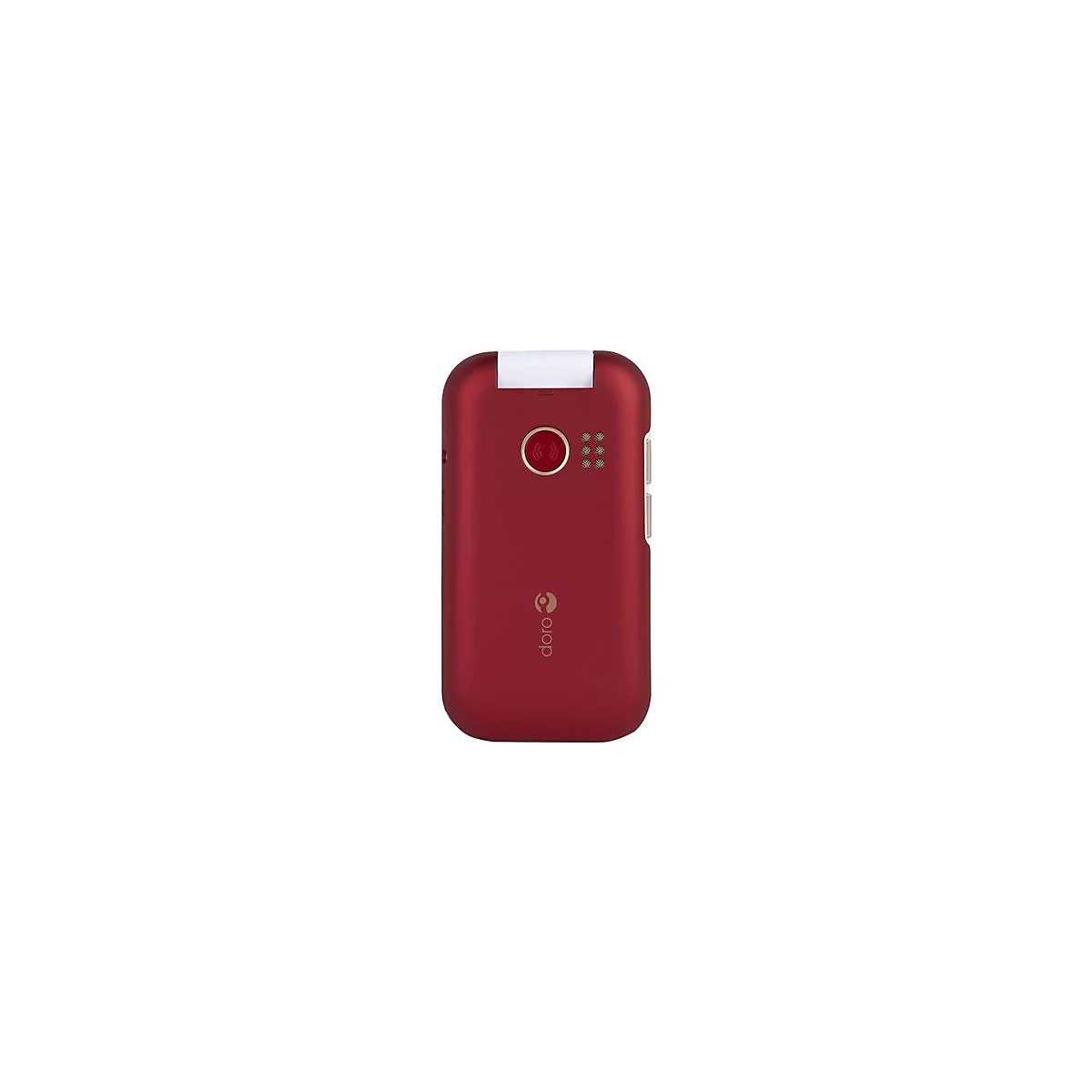 Rotes Klapphandy, RÃ¼ckseite. Oben weiÃŸer Teil, darunter roter Bereich mit Tasten und Logo.