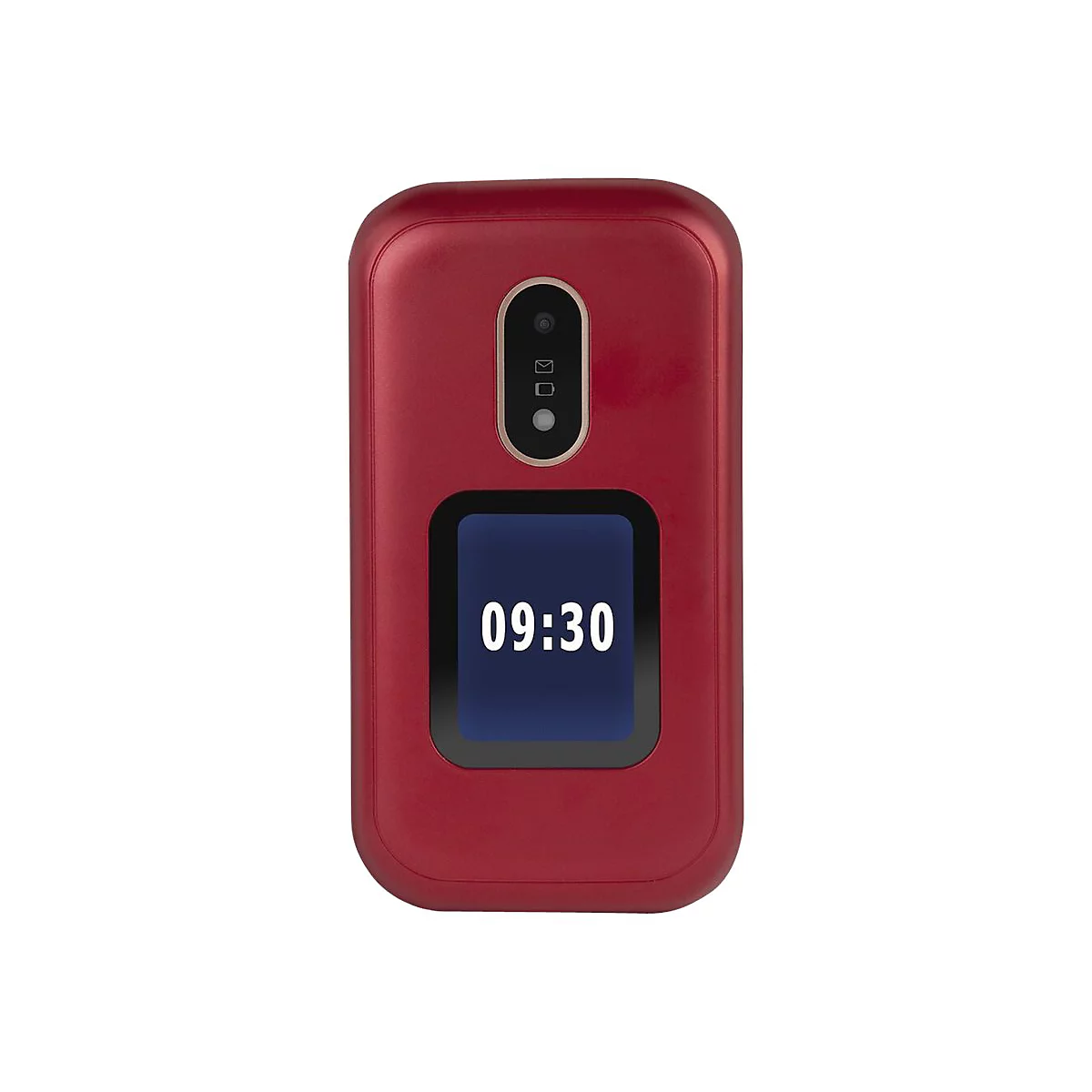 Rotes Klapphandy mit Uhrzeit 09:30 auf dem Display, Kamera und Benachrichtigungen.