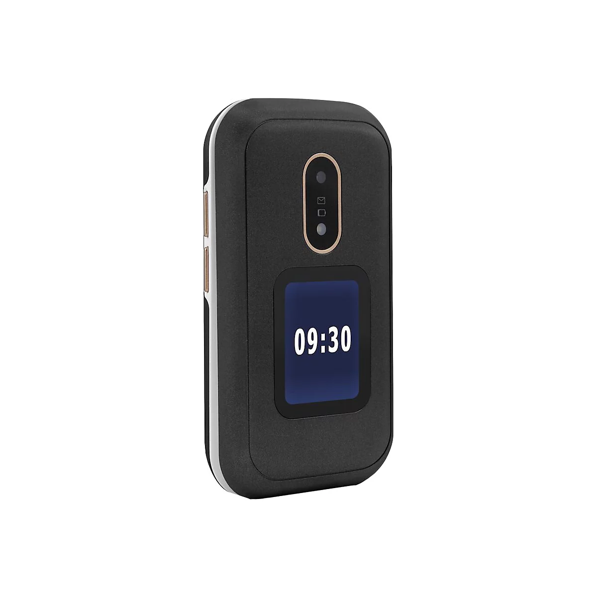 Schwarzes Klapphandy mit Uhrzeit 09:30 auf dem Display. Goldfarbene Akzente und weißer Hintergrund.