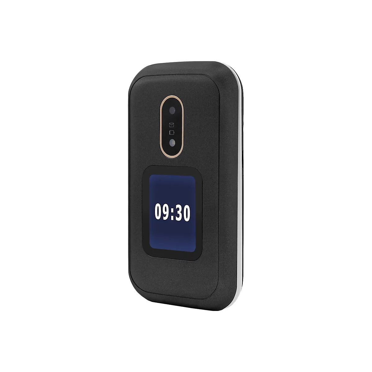 Schwarzes Klapphandy mit Uhrzeit 09:30 auf dem Display. Oben: Kamera und Indikatoren. Weißer Hintergrund.