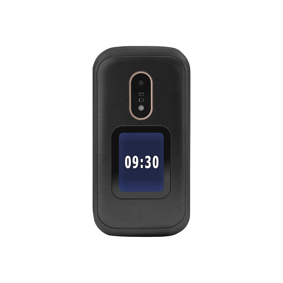 Schwarzes Klapphandy mit Uhrzeit 09:30 auf dem Display. Oben ein ovaler Bereich mit Kamera und Symbolen.