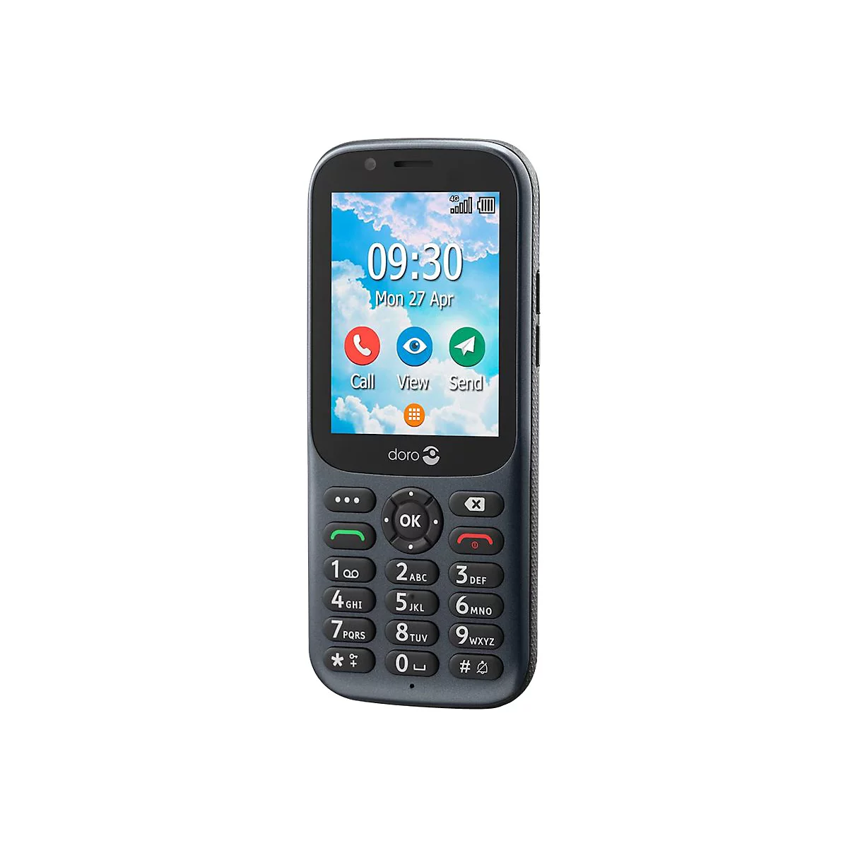 Dunkelgraues Mobiltelefon mit Tasten und Display. Auf dem Display sind Uhrzeit und Symbole zu sehen.