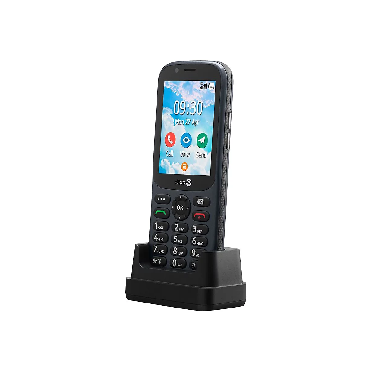 Dunkelblaues Handy mit Tasten, in Ladeschale. Auf Display: Uhrzeit, Datum, Icons.