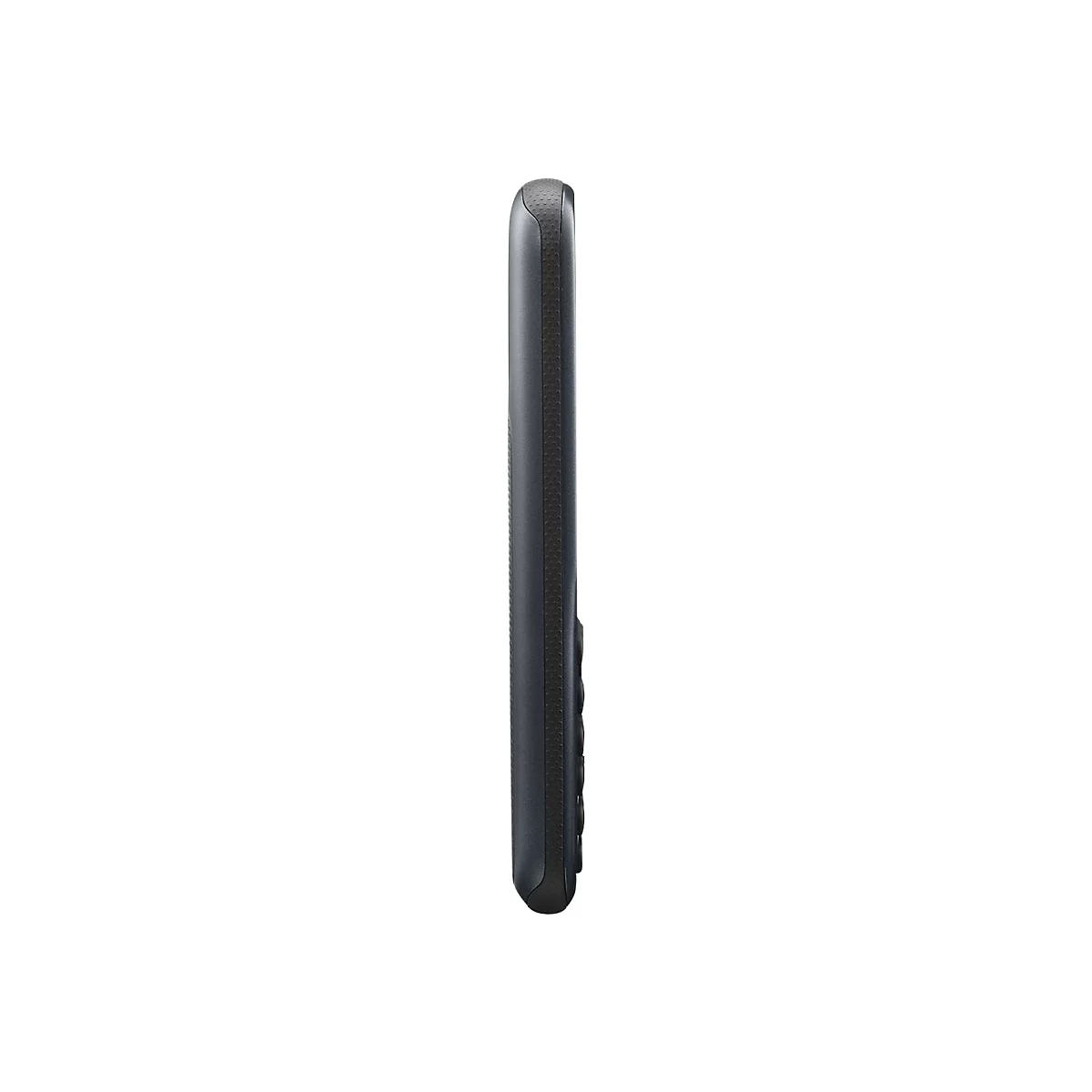 Schwarzes Handy in Seitenansicht. Tasten erkennbar. Hintergrund weiÃŸ.