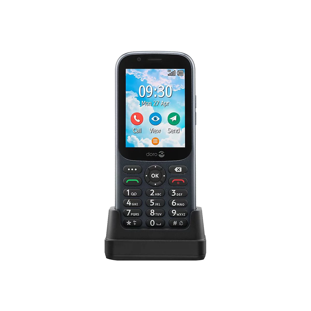 Dunkelblaues Mobiltelefon in Ladestation. Auf dem Bildschirm Uhrzeit, Datum und App Symbole.