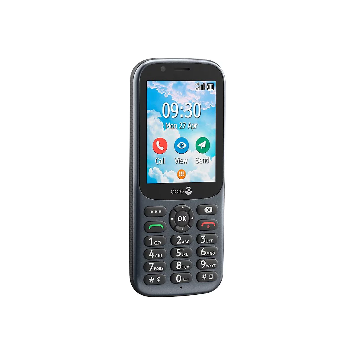 Dunkelgraues Mobiltelefon, auf dem Display Uhrzeit und Datum sowie die Icons fÃ¼r Anruf, Ansicht und Senden angezeigt werden.