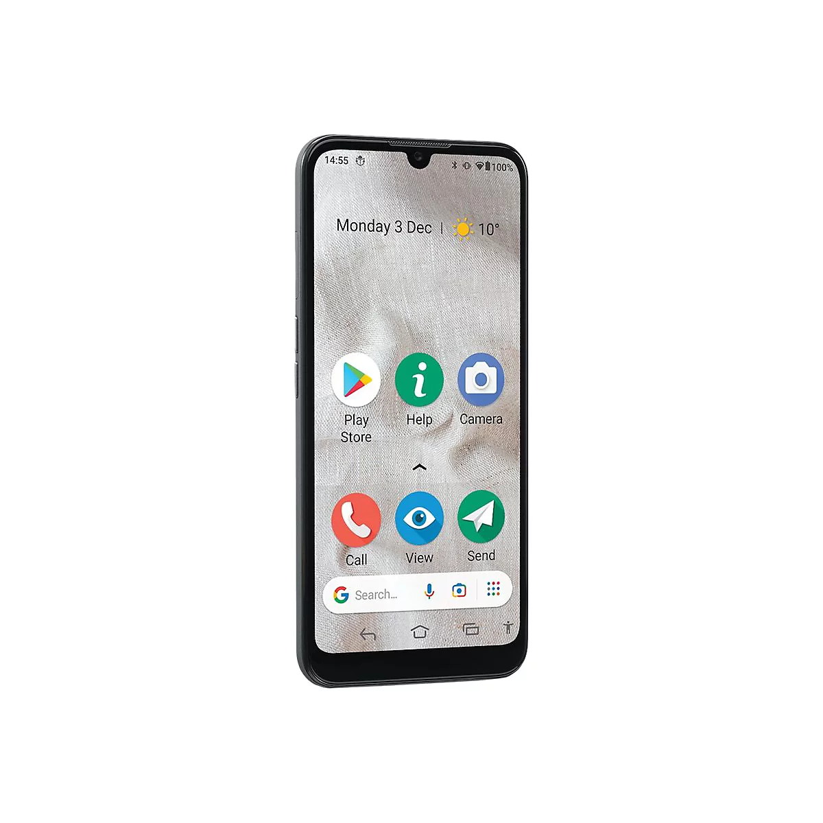 Schwarzes Smartphone mit Uhrzeit, Datum und Apps auf dem Bildschirm. Google Suche-Leiste am unteren Rand.