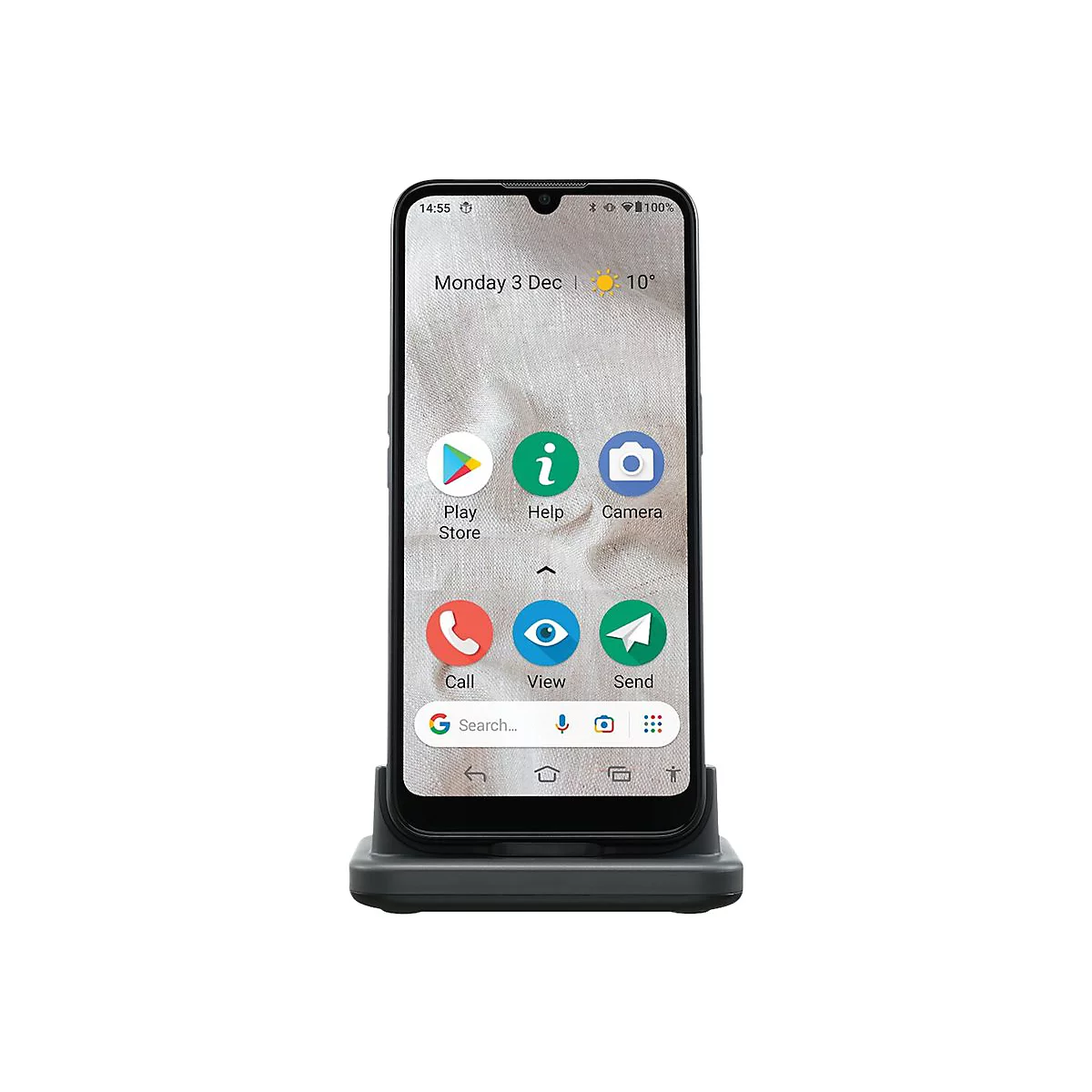 Smartphone auf Ladestation, Display zeigt Apps und Uhrzeit. Auf dem Display: Apps, Datum, Uhrzeit.