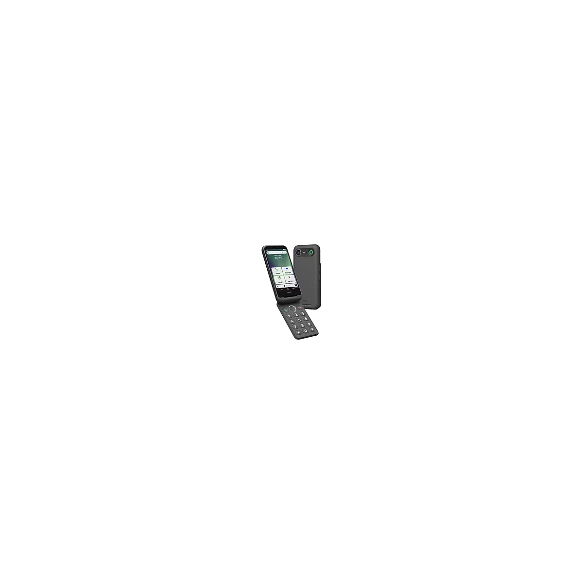 Klapphandy in Grau, geöffnet und geschlossen, mit sichtbaren Apps und Tasten.