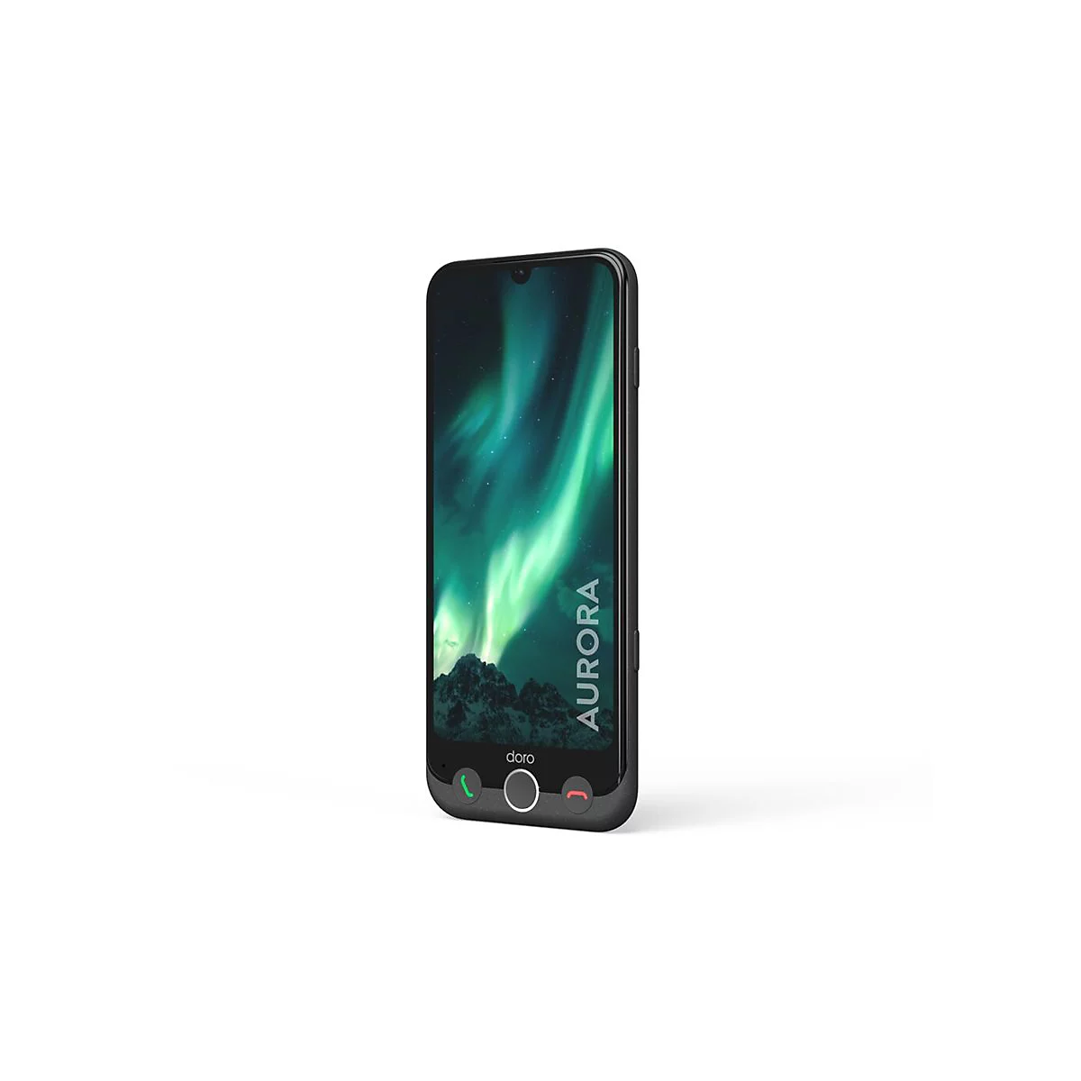 Schwarzes Doro Smartphone mit Polarlichter-Hintergrundbild und physischen Tasten unter dem Display.
