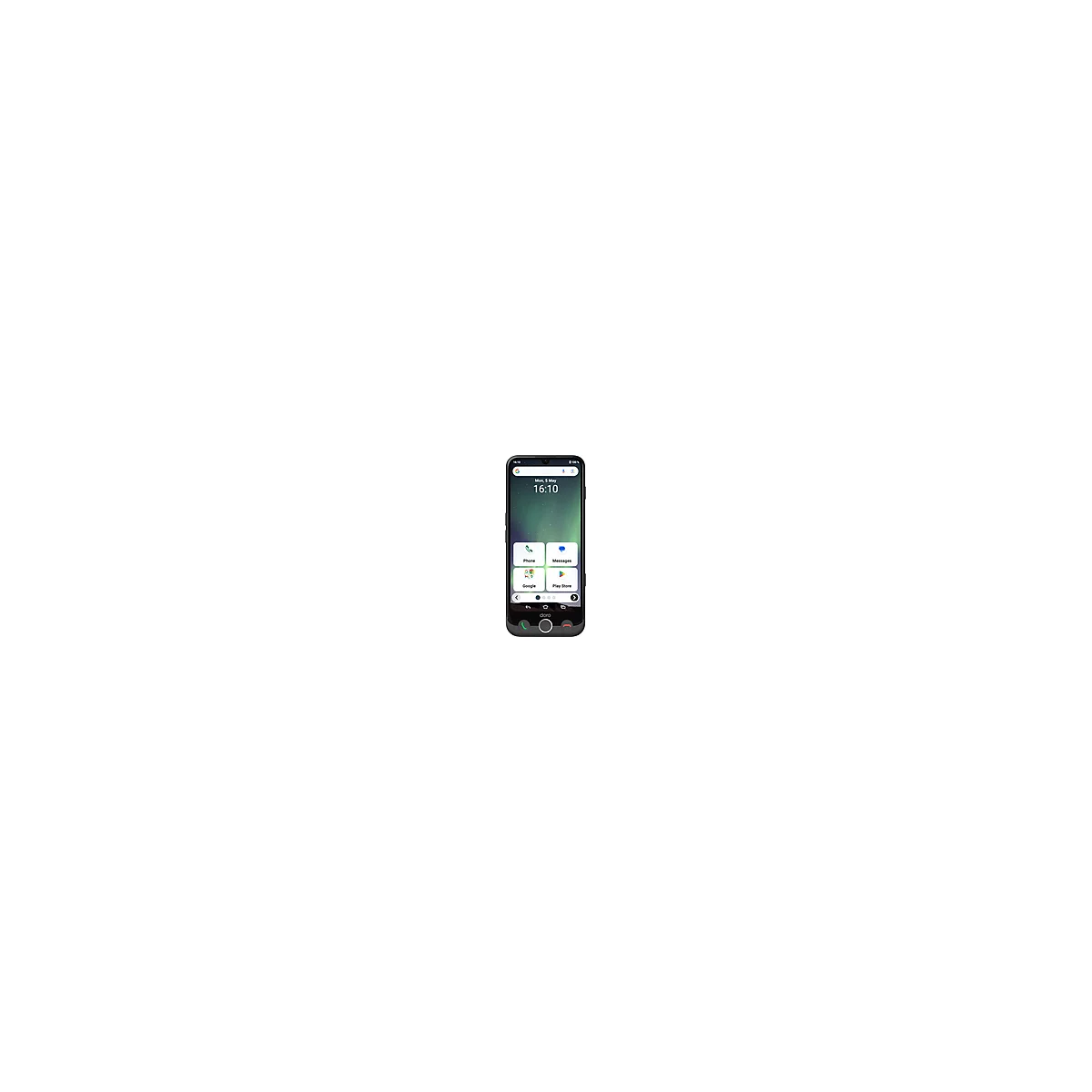 Smartphone-Display mit Uhrzeit und App-Symbolen. Unten Logo und Telefon-Buttons.