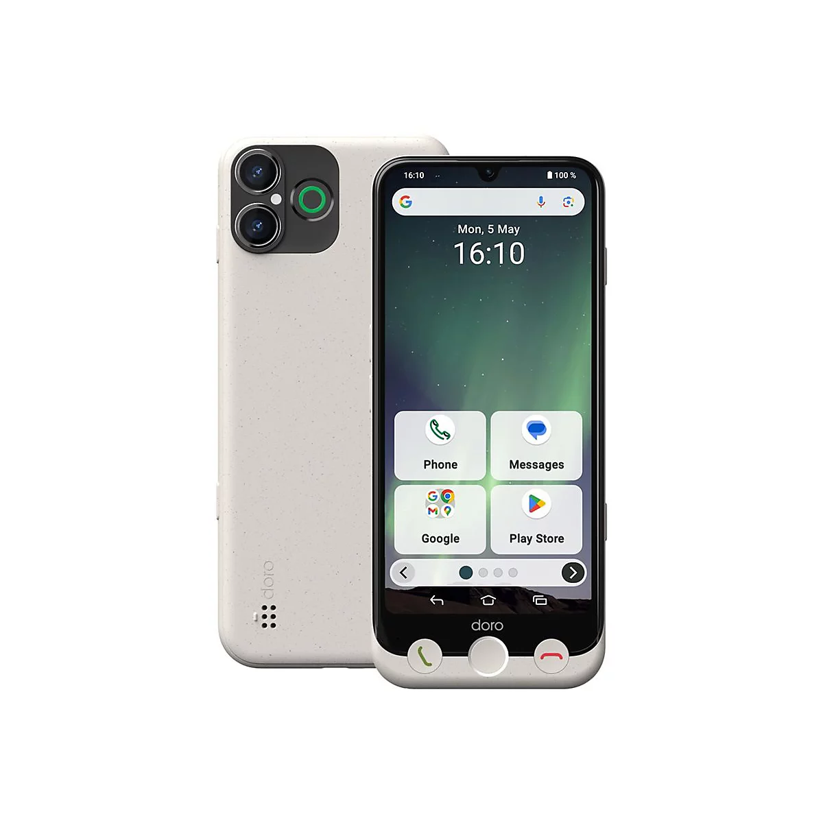 Helles Doro-Smartphone mit Rückseite und Displayansicht vor weißem Hintergrund.