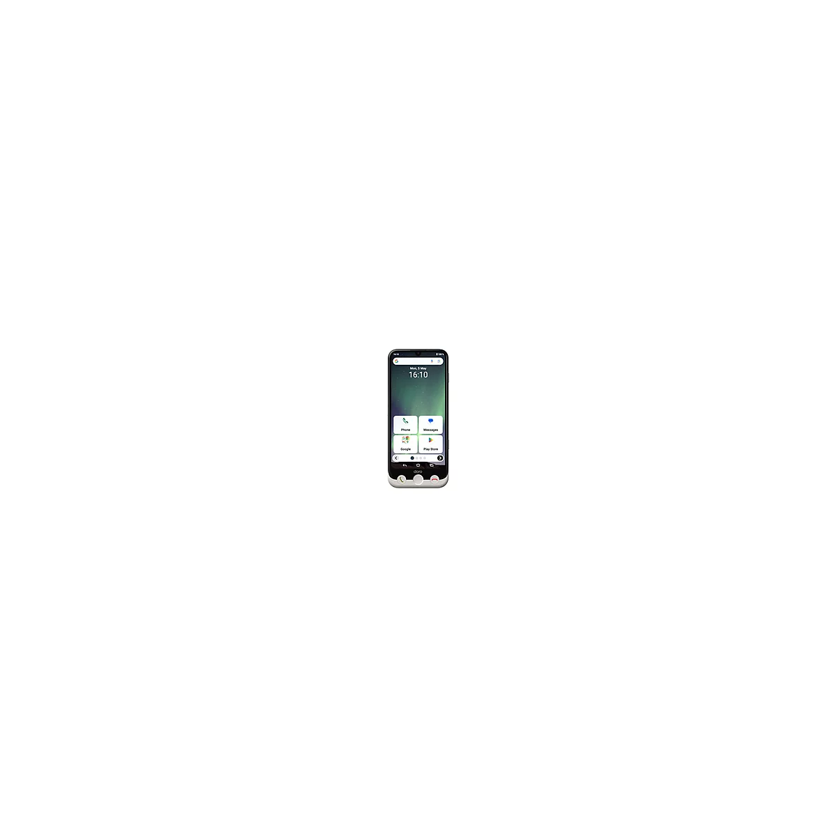 Smartphone, Startbildschirm mit Uhrzeit und App-Icons, darunter Telefon und Google Play Store.