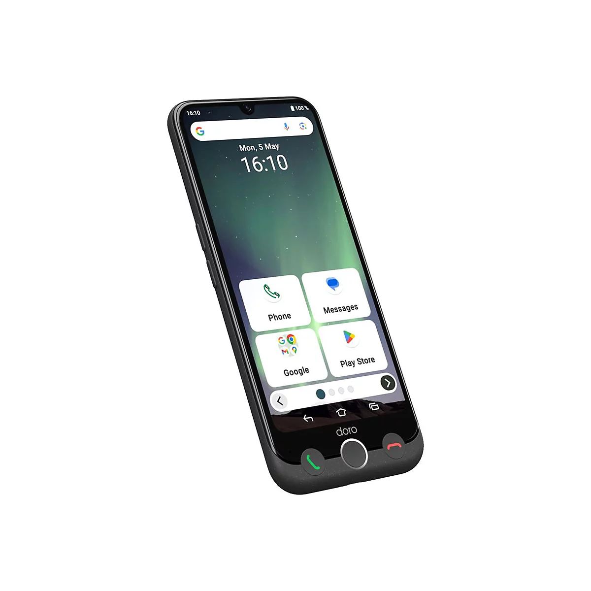 Schwarzes Doro Smartphone mit großem Touchscreen und physischen Tasten unter dem Display vor weißem Hintergrund.