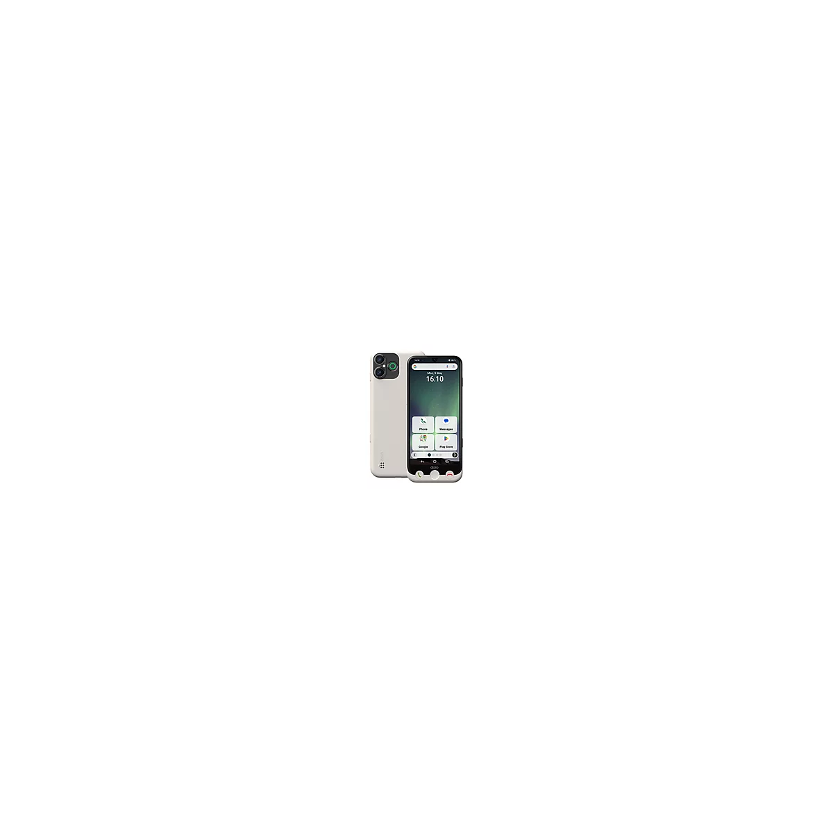 Weißes Smartphone mit großem Bildschirm. Auf dem Display: App-Icons, Uhrzeit. Rückseite: Kamera, Logo.