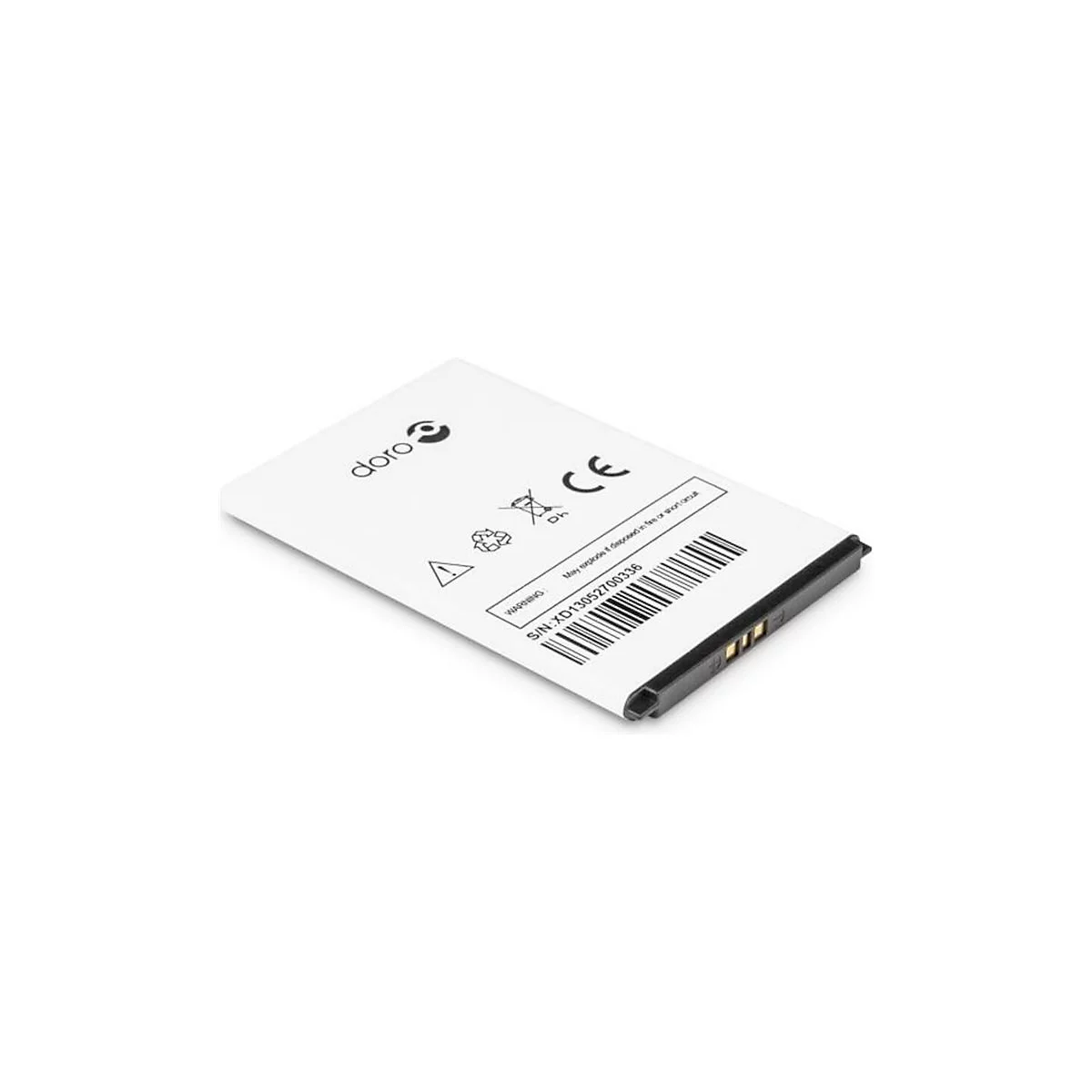 Batterie de téléphone portable, blanche avec bordure noire et impressions : 'doro', marquage CE, avertissement et code-barres.