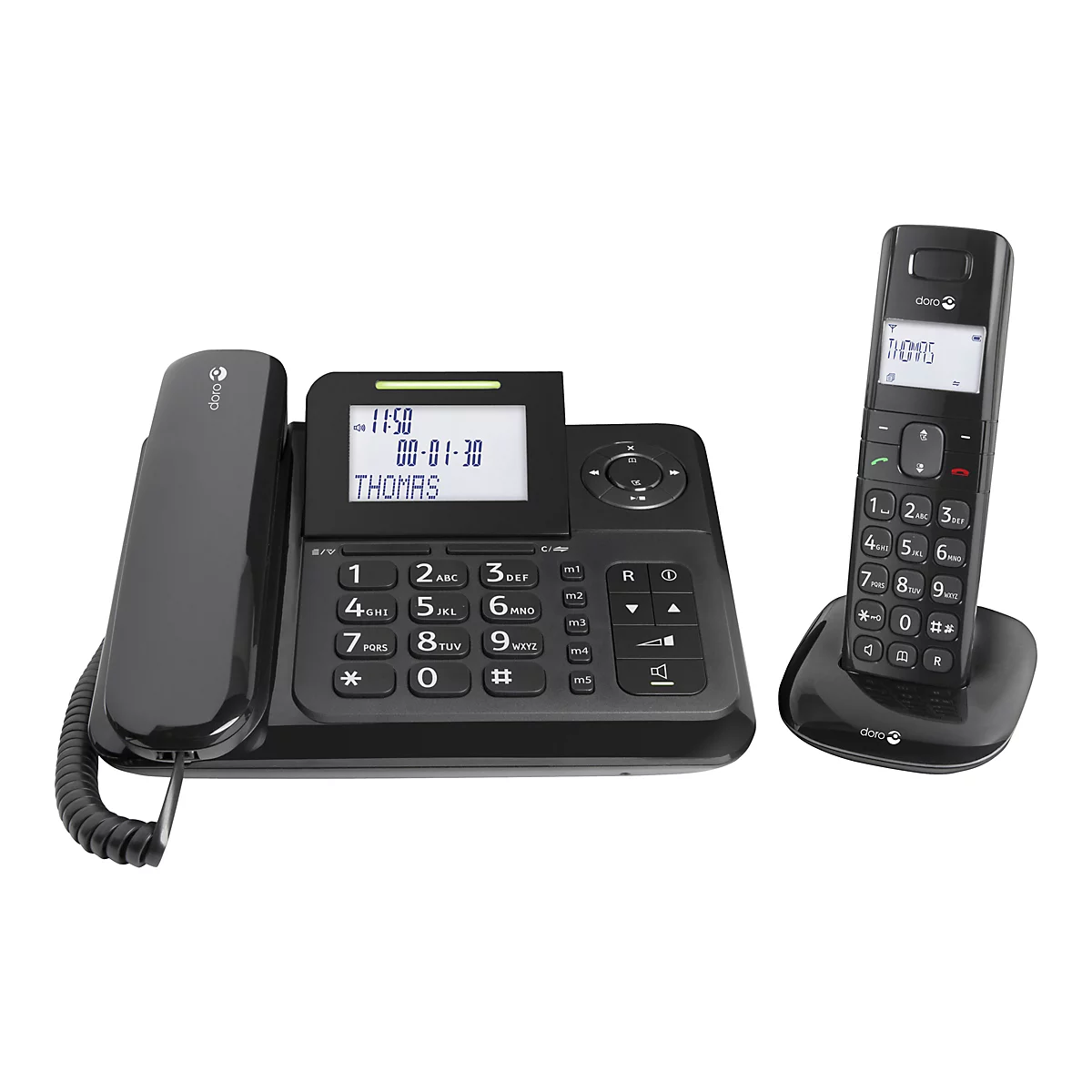 Schwarzes Festnetztelefon mit Mobilteil und Basisstation, mit Display. Auf dem Display stehen Datum und Name.