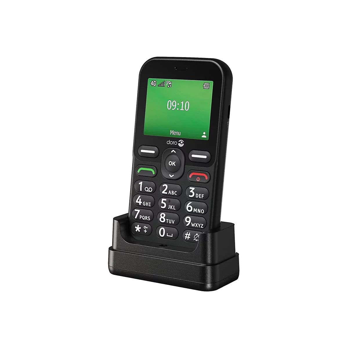 Schwarzes Doro-Handy mit grünen Display, in einer Ladestation. Auf dem Display: Uhrzeit, Menü, und Logo. Große Tasten und Notrufknopf.