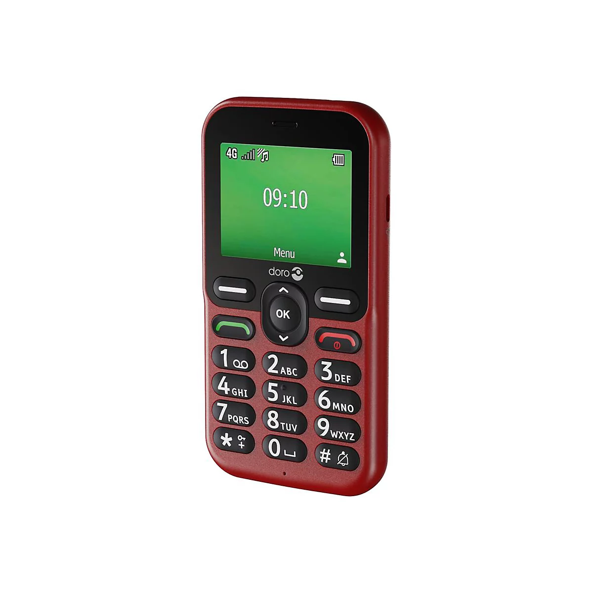 Rotes Doro-Handy mit Zifferntasten und Display mit Uhrzeit.