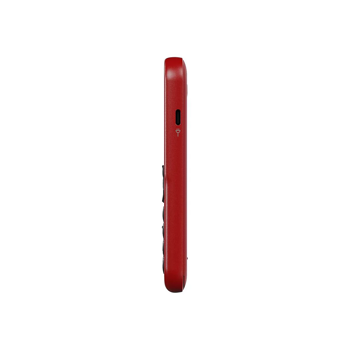Seitenansicht eines roten Mobiltelefons mit USB-C-Ladeanschluss.
