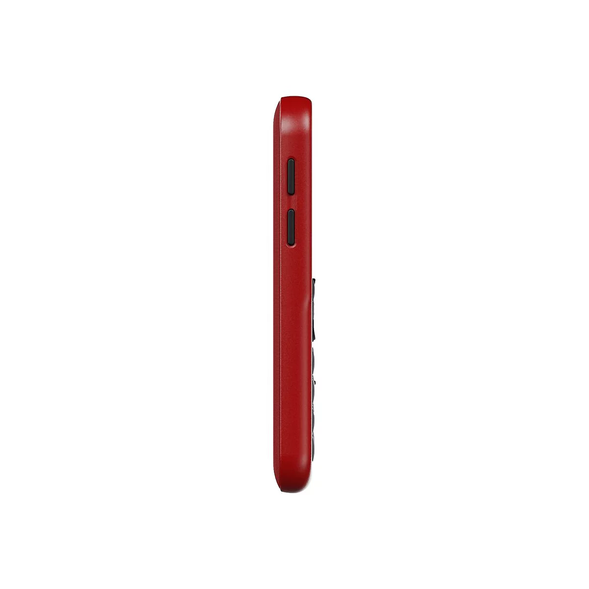 Vue latérale d'un téléphone portable rouge avec des boutons. Le fond est blanc.