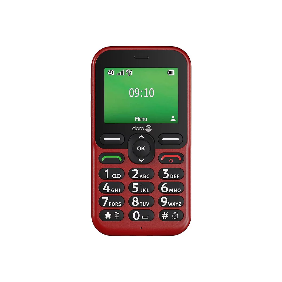 Un téléphone portable rouge, écran avec l'heure et le menu. Le clavier comporte des chiffres et des symboles en blanc.