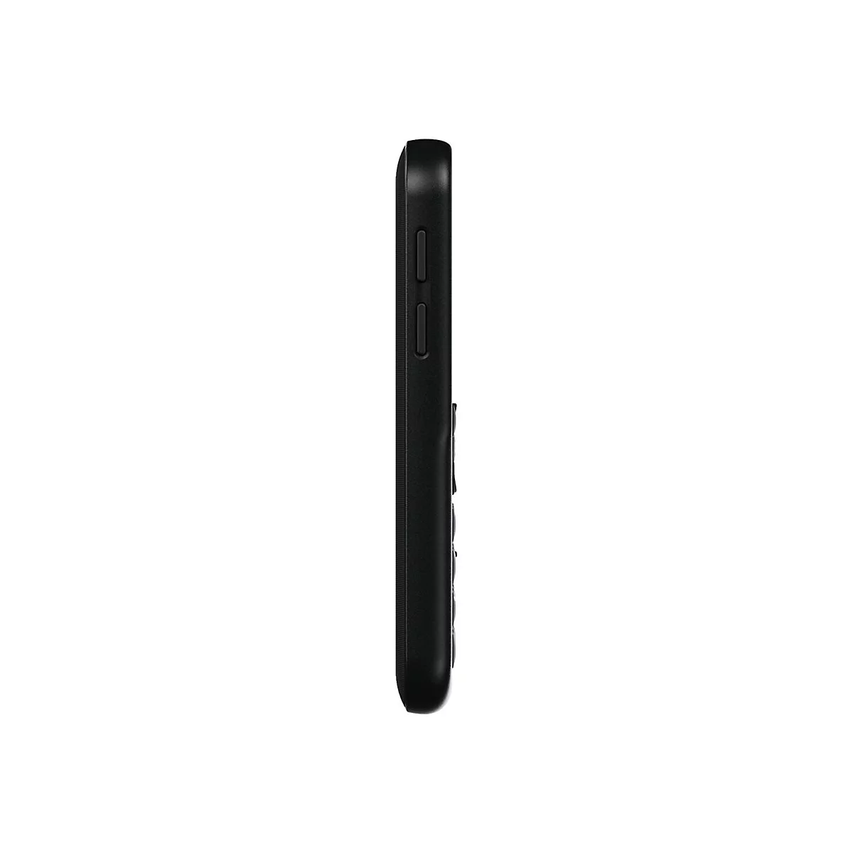 Smartphone noir de profil. Bouton d'alimentation et boutons de volume visibles.