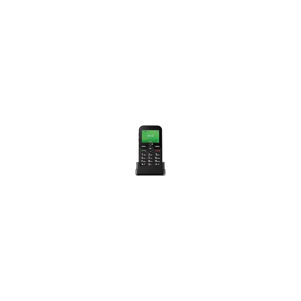 Téléphone Doro noir avec écran vert. Heure 09:10. Chiffres et lettres sur le clavier.