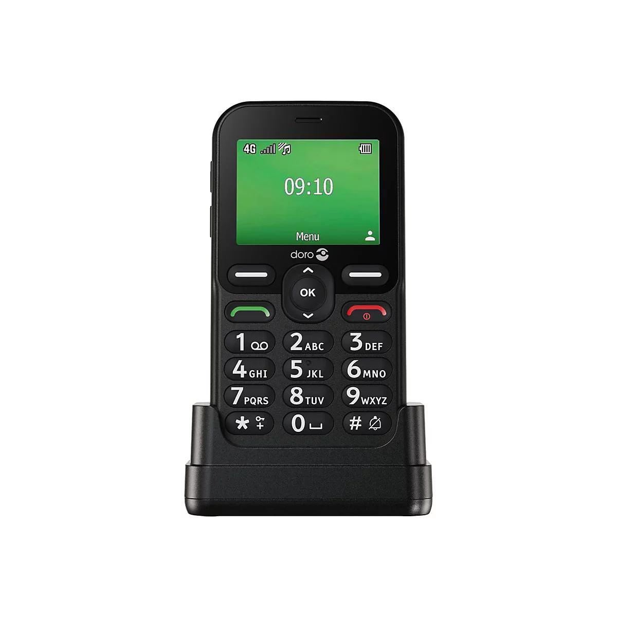 Téléphone Doro noir dans station de charge. Écran vert : heure 09:10, menu, logo Doro, clavier.