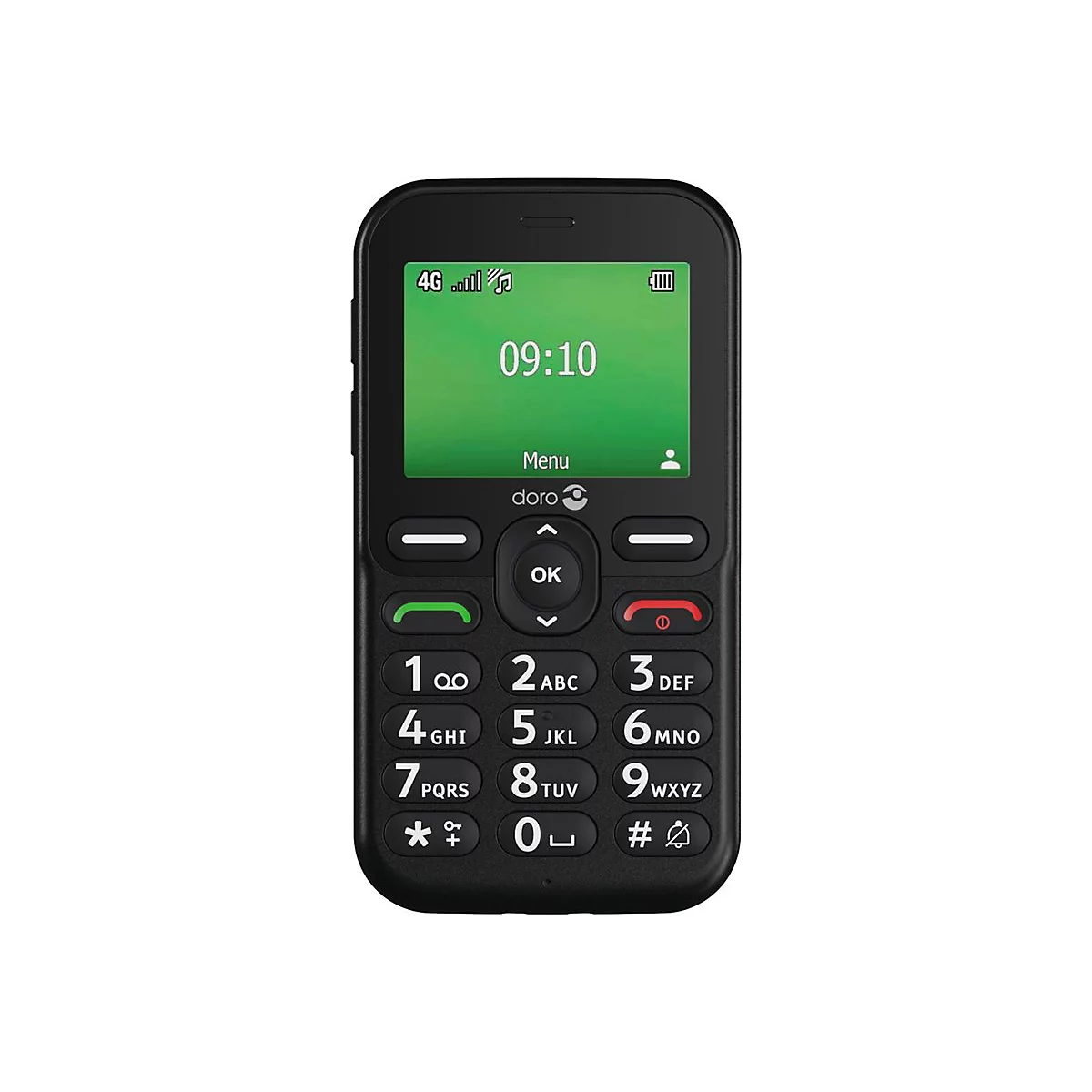 Téléphone portable noir avec écran vert. Heure 09:10, menu. Clavier avec chiffres et lettres. Logo Doro.