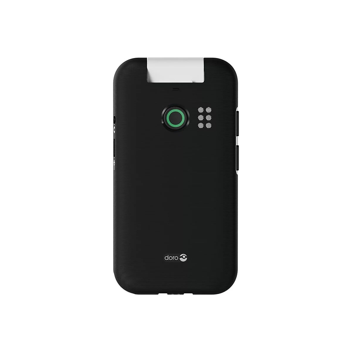 Rückseite eines schwarzen Doro Mobiltelefons mit Notruftaste und Lautsprecher auf weißem Hintergrund.