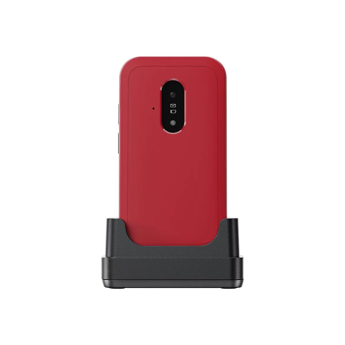 Rotes Mobilgerät in einer schwarzen Halterung, isoliert auf weißem Hintergrund. Oben Kamera und Sensoren.